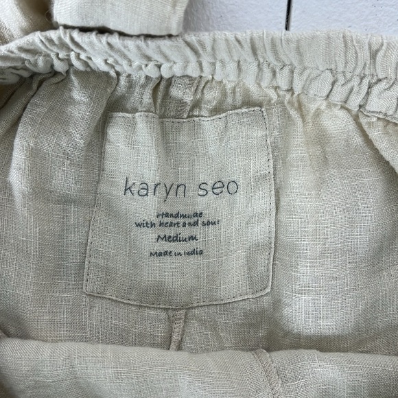 Karyn Seo Sz Medium Linen Cream Wide Leg Pants Pockets Lagenlook - Picture 3 of 10